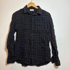 John Elliott Plaid Crinkled Button Down Shirt Men's Size 2 Small Charcoal Grey